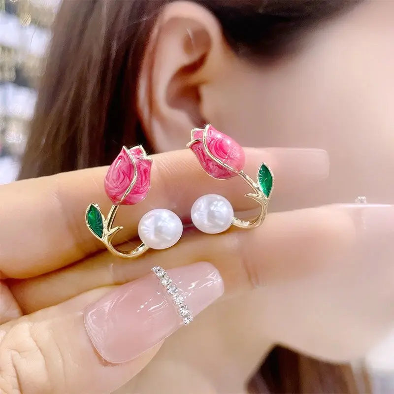Sweet Fashion Enamel Pearl Tulip Flower Korean Zircon Back Hanging Gold Women Earrings Jewelry Gifts