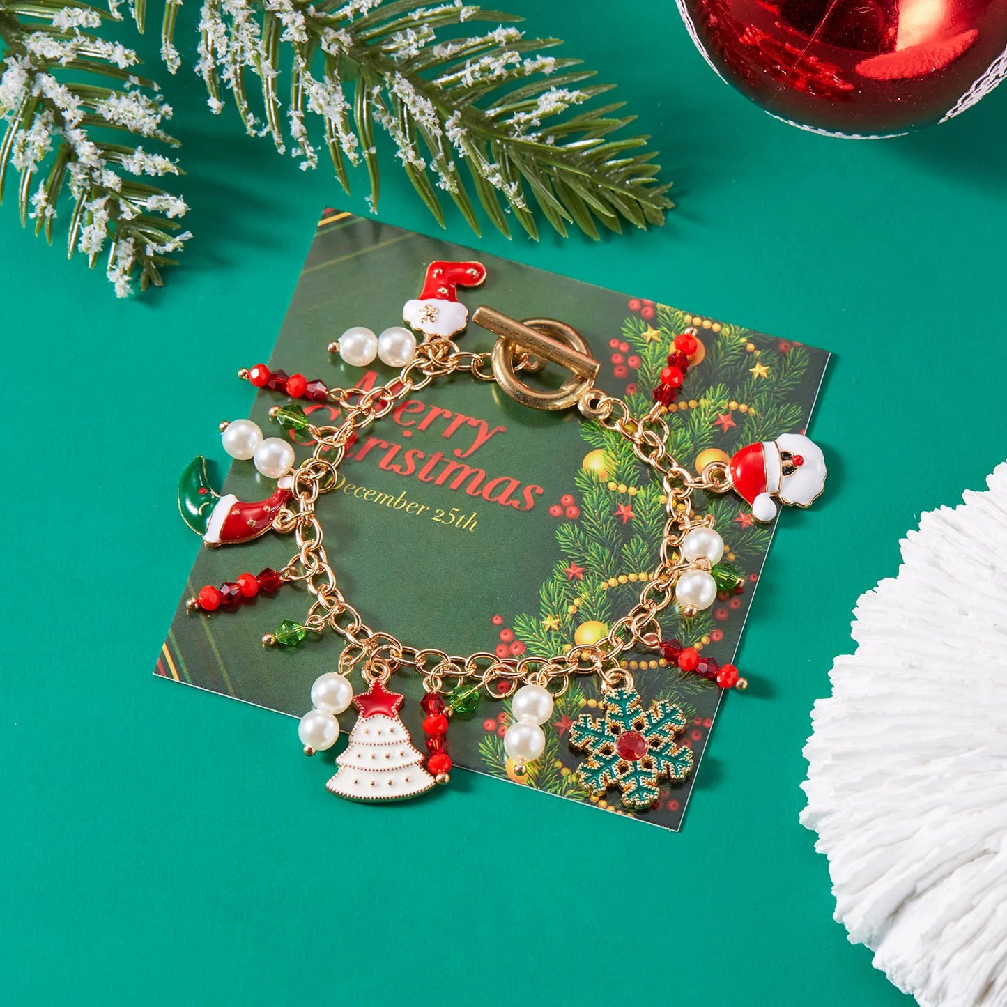 Creative Christmas Tree Snowflake Snowman Pearl Santa Claus Metal Chain Women Bracelet Bangle Gift