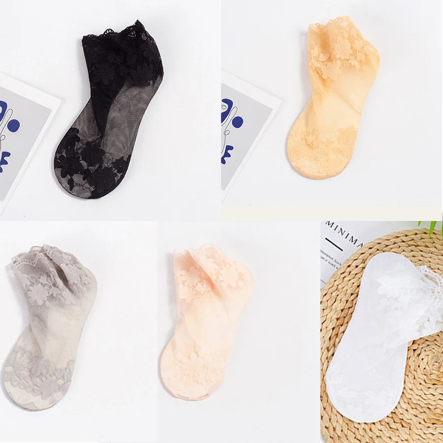 5 Pairs Socks Lace Transparent Lolita Invisible Thin Non-slip Short Ankle Low Cut Boat Women Socks