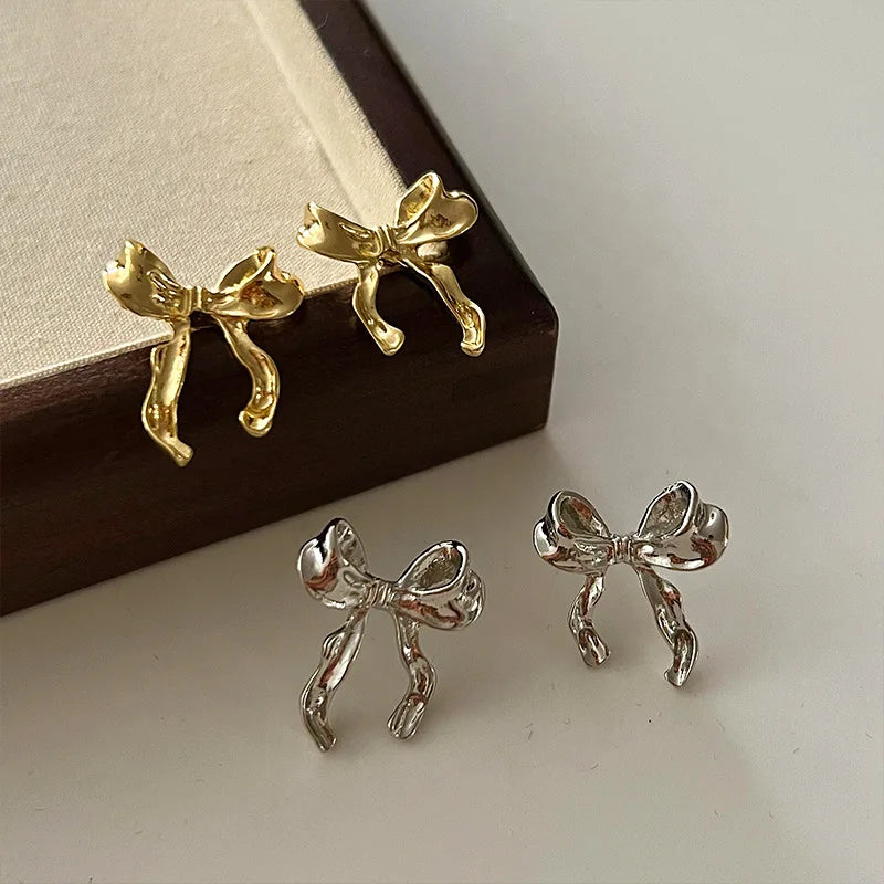 Design Sweet Cool Gold Silver Bow Knot Earrings Women Simple Elegant Jewelry Fall Christmas Gifts