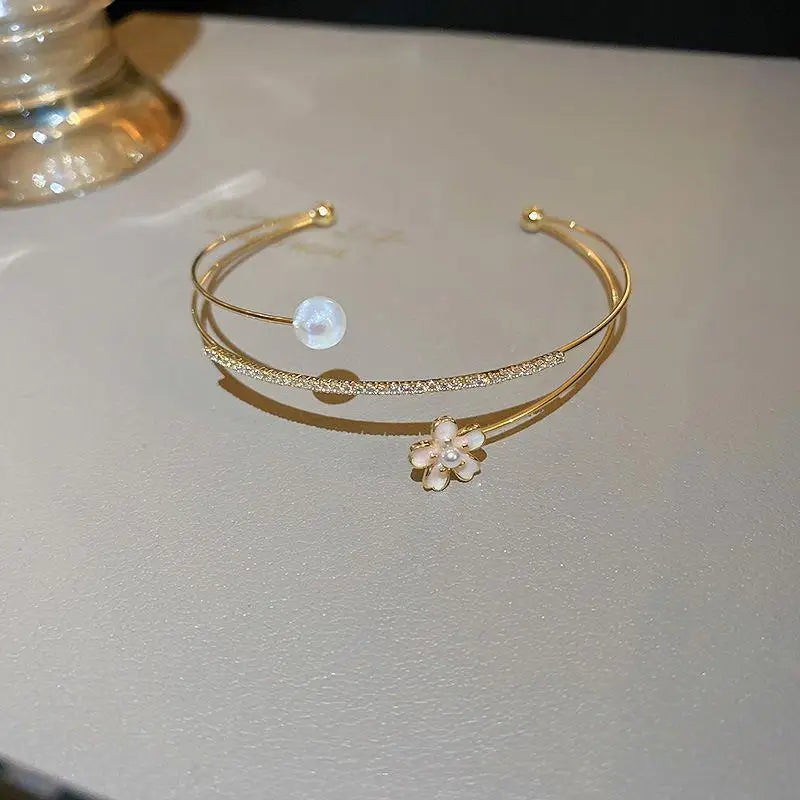 Luxury Zircon Flower Imitation Pearl Opening Gold 3 Layers Fashion Women Bracelet Bangle Jewelry