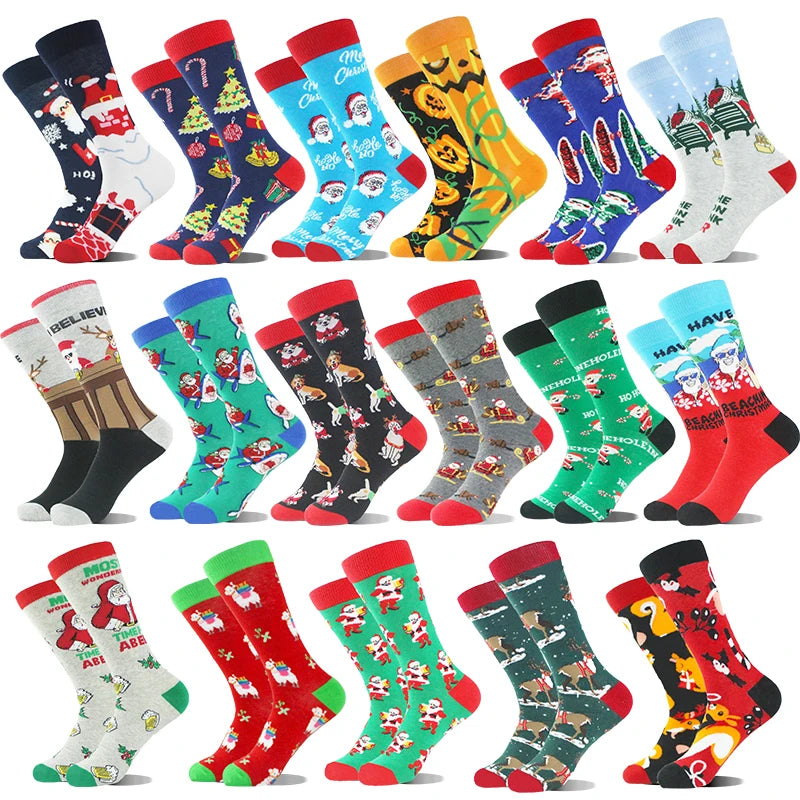 Christmas Happy Cotton Funny Crazy Design Santa Claus Elk Unisex Women Men Socks Xmas Fall Gift