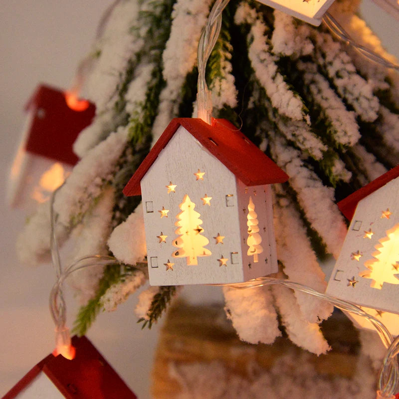 Christmas Wooden House LED String Light Xmas Tree Hanging Ornament Home Decoration New Year Gift