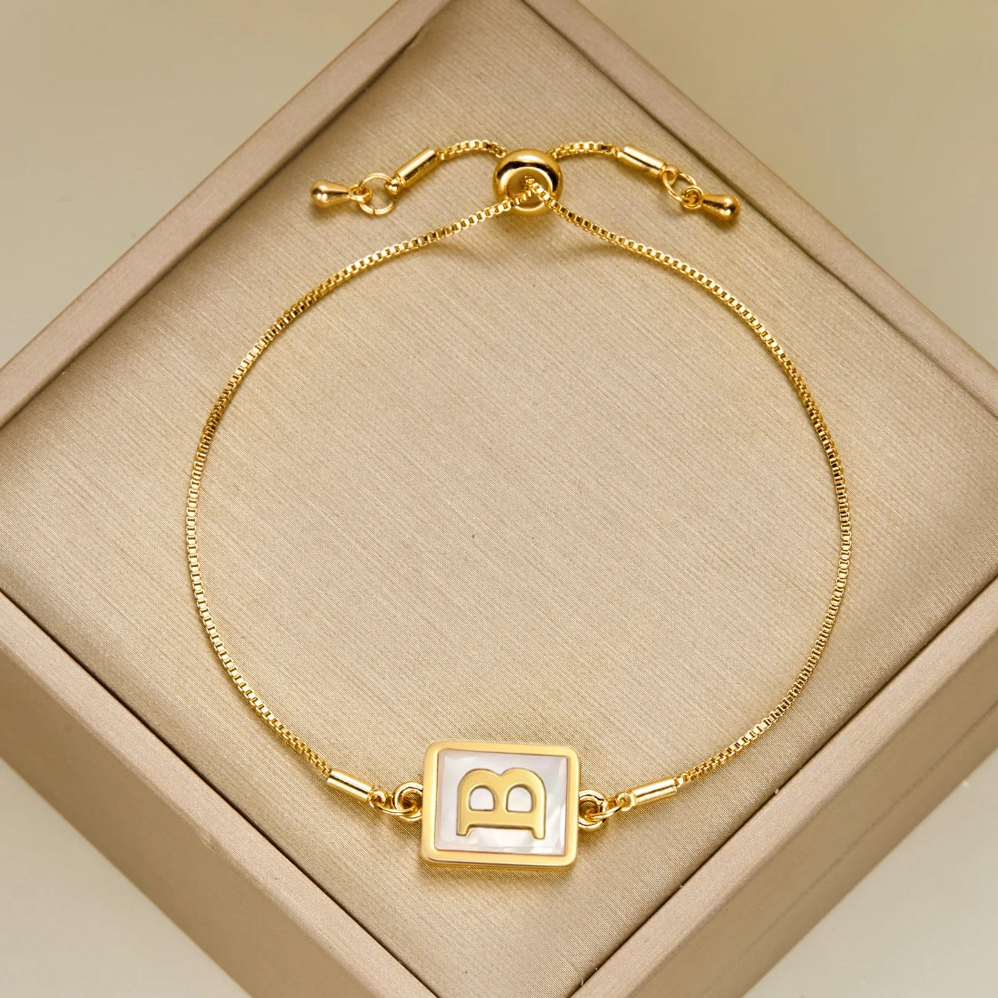 Luminous Square White Shell 26 Alphabet A-Z Initials Letters Adjustable Chain Gold Women Bracelet