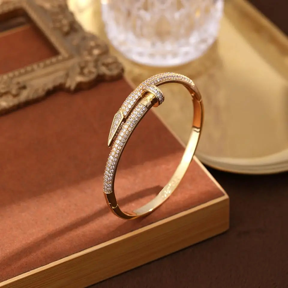 New Zircon Nail Open Fashion Crystal Inlaid Adjustable Silver Gold Women Bracelet Bangle Jewelry