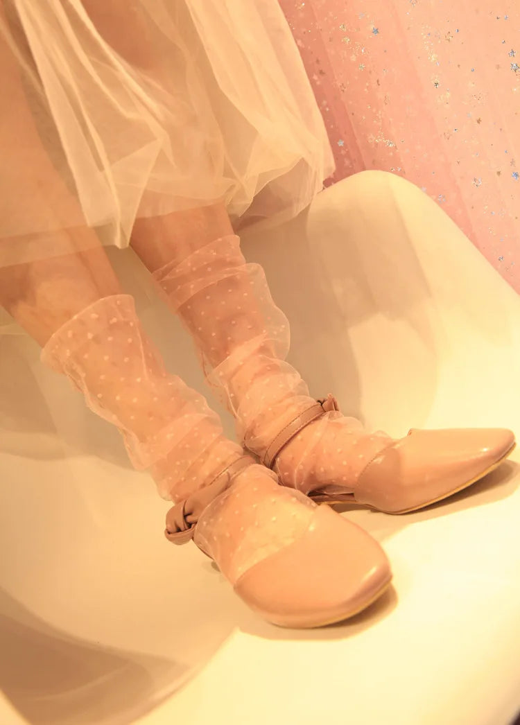 Sexy Dot Lace Transparent Mesh Ankle Ultra-Thin Princess Tulle Black White Grey Girls Women Socks