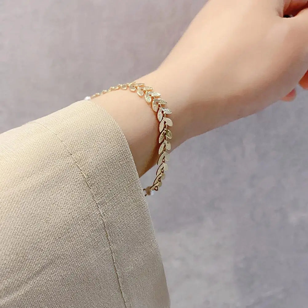 New Simple Wheat Ear Pearl Temperament Lucky Gold Charm Women Bracelet Necklace Earrings Jewelry Set