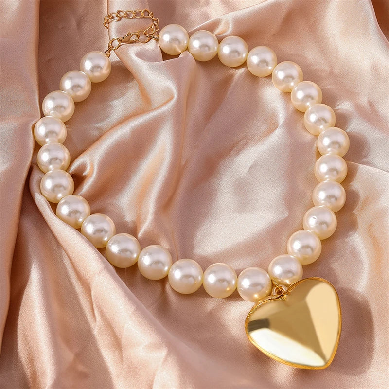Elegant Trendy Cool Imitation Pearl Big Love Heart Pendant Gold Women Necklace Jewelry Gifts