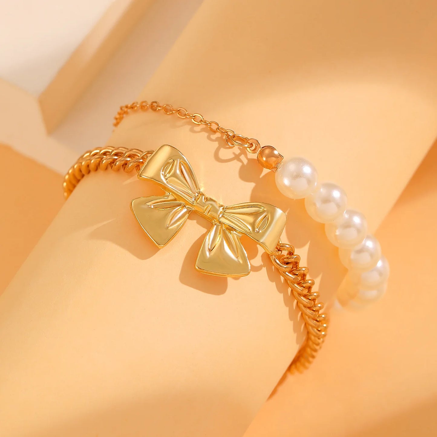 2pcs Korean Fashion Trendy New Bowknot Pearl Sweet Cute Pendant Gold Chain Women Bracelet Bangle Set