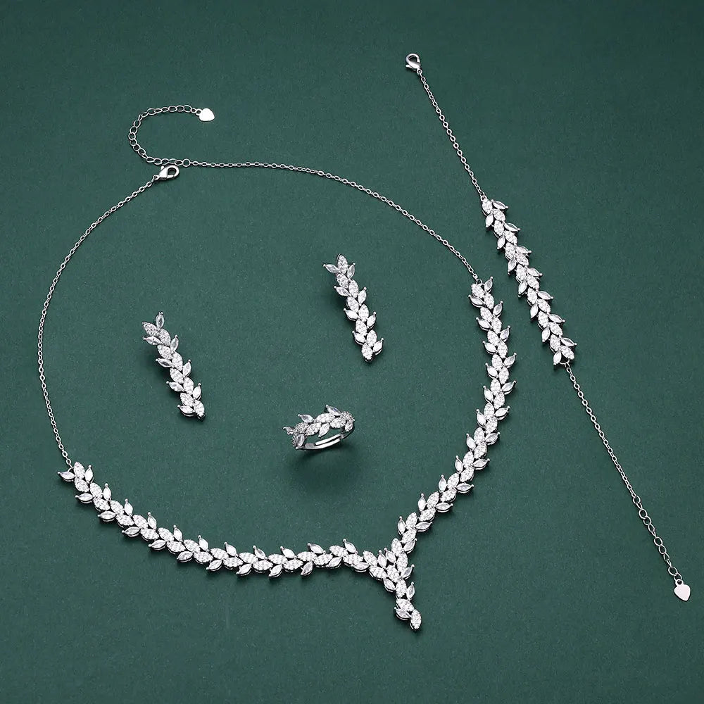 4pcs Bridal Zirconia Luxury Crystal Silver Women Earrings Necklace Bracelet Ring Full Jewelry Sets