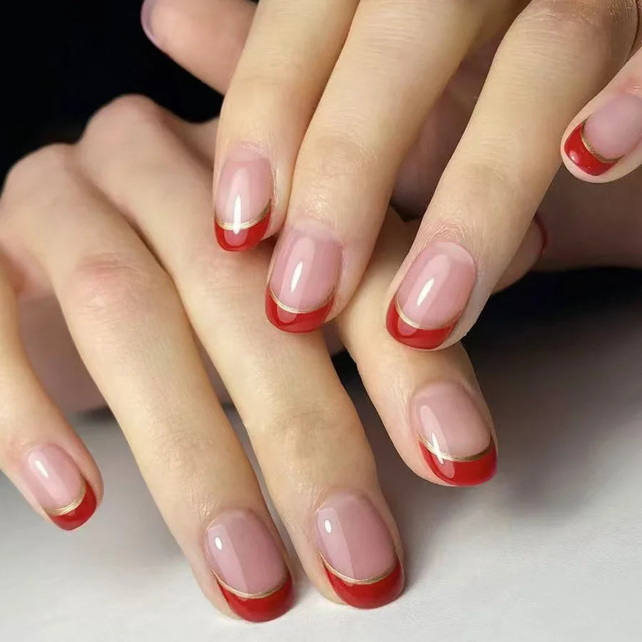 24pcs Simple Square Jelly Glue Gradient French Press on Fake False Nails Short Full Cover Nail Tips
