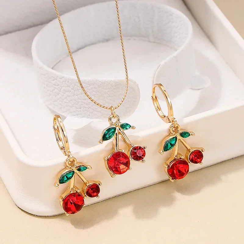 New Fashion Cherry Niche Design Jewelry Sets Red Green Crystal Gold Women Necklace Earrings Sets