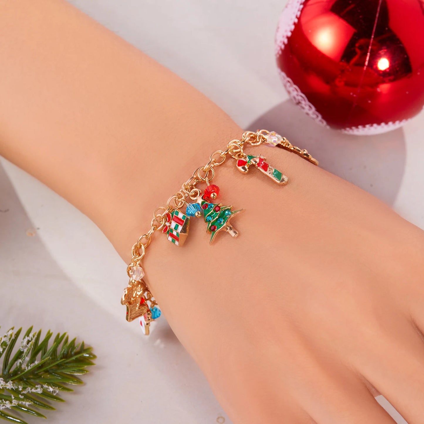 Creative Christmas Tree Snowflake Snowman Pearl Santa Claus Metal Chain Women Bracelet Bangle Gift