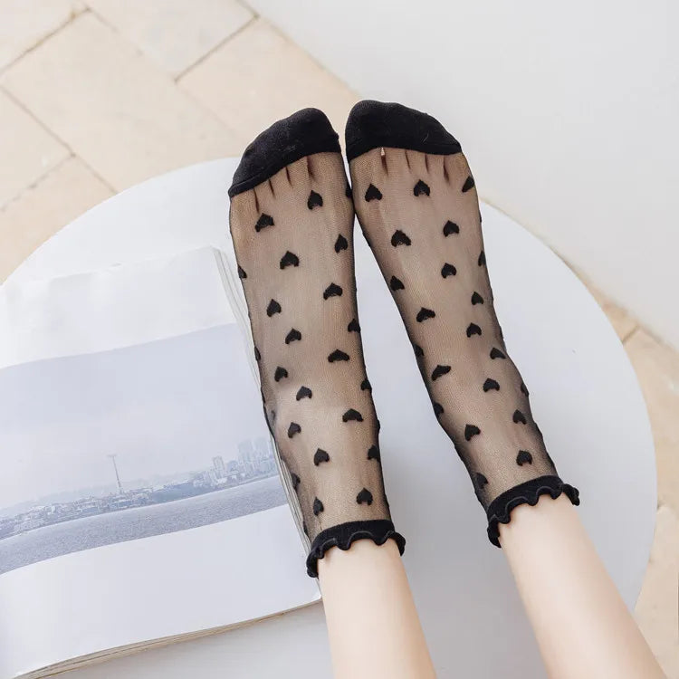 Summer Thin French Lace Ruffles Love Glass Fiber Heart Transparent Sheer Mesh Sweet Girl Women Socks