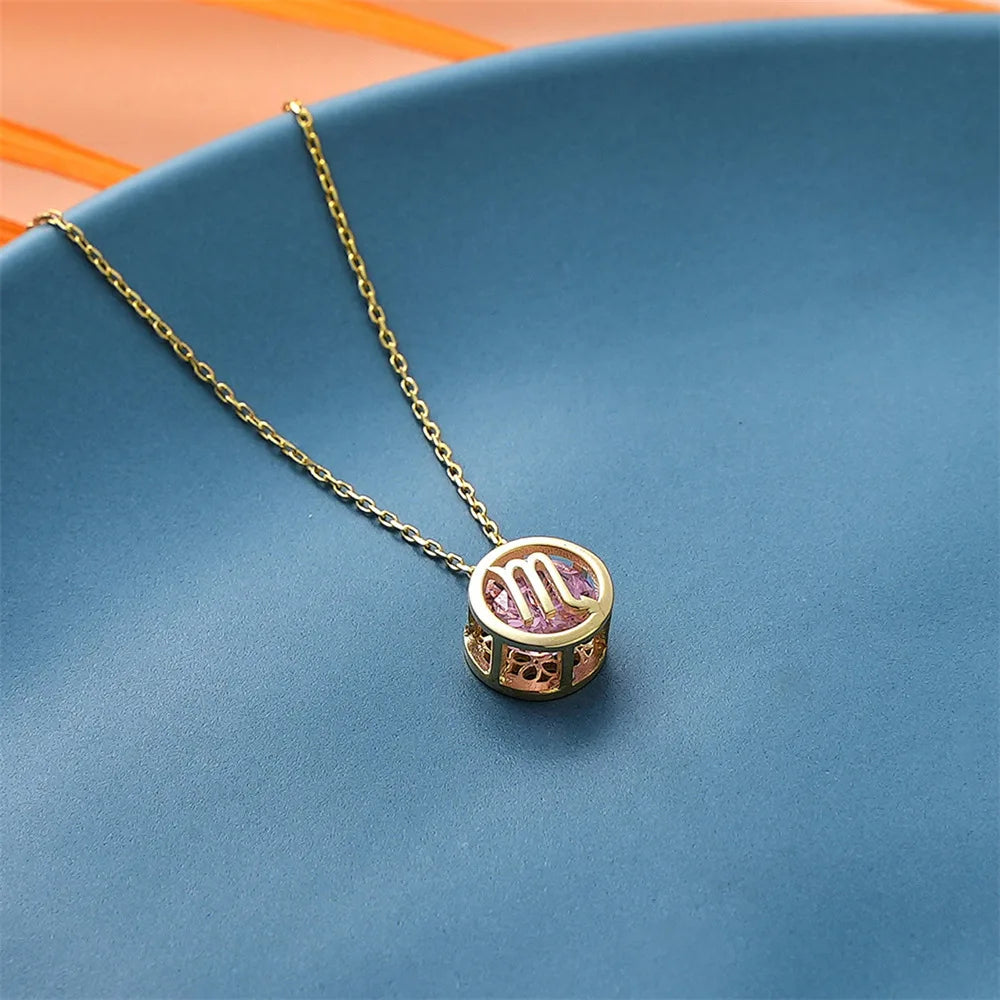 Hollow Carved 12 Constellations Symbol Pendant Trend Crystal Month Birthstone Women Necklaces Choker