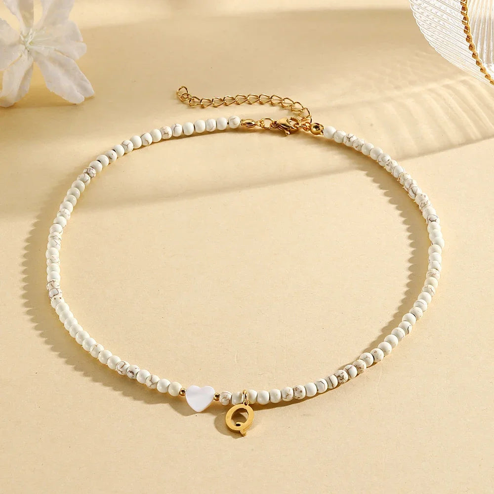 Bohemian Trendy A-Z Initial Heart Shaped Shell letter Pendant Beads Gold Women Necklace Choker