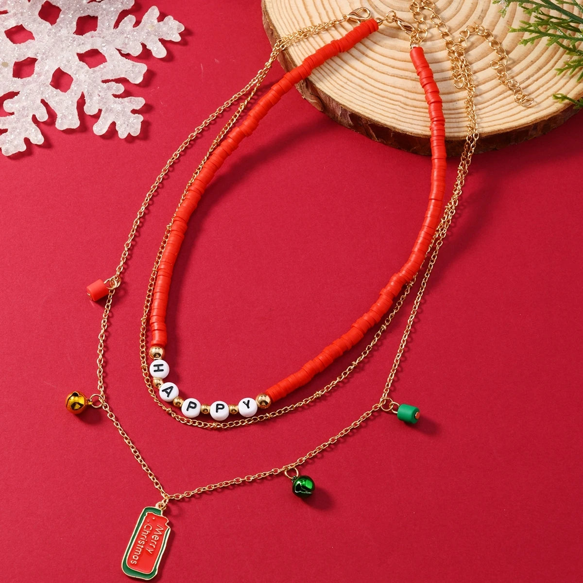 2pcs Trendy Polymer Clay Letters HAPPY Bead Snowflake Snowman Charm Multi-layer Women Necklace Set