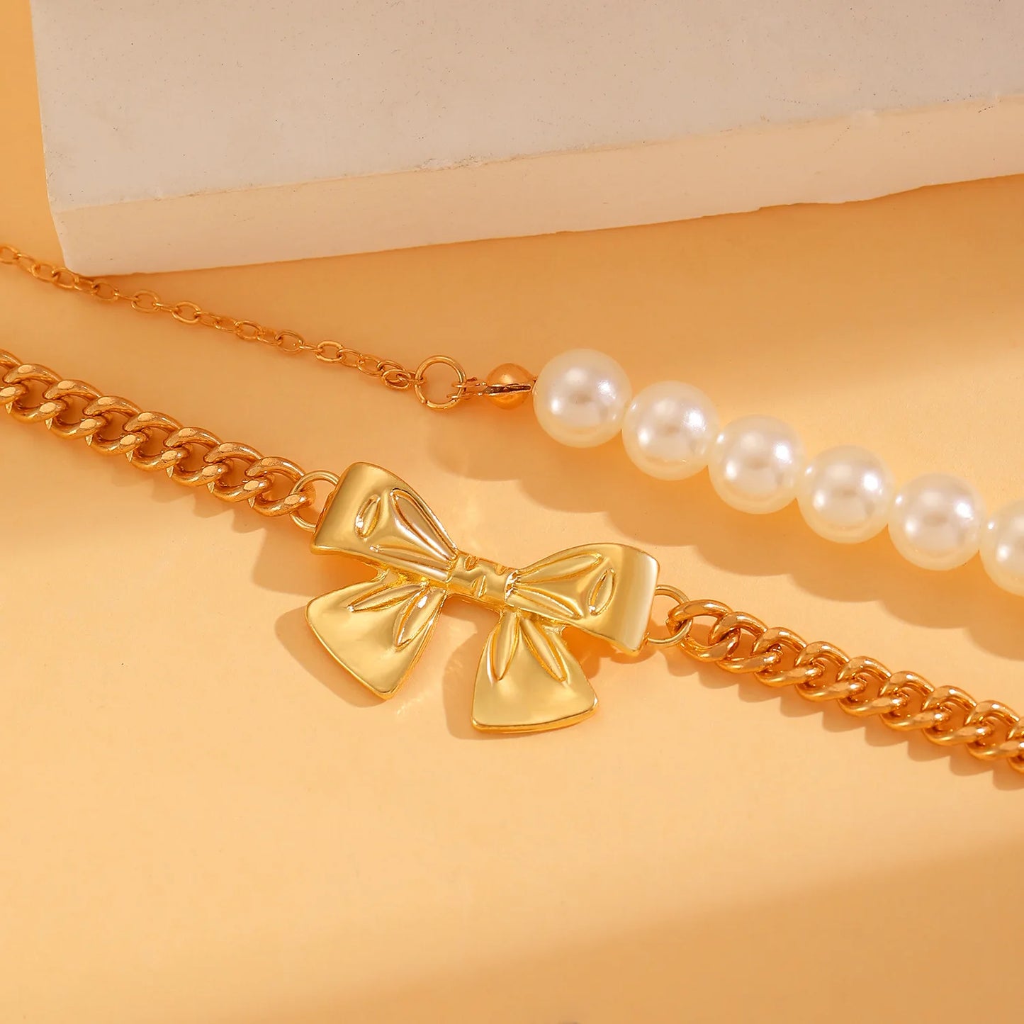 2pcs Korean Fashion Trendy New Bowknot Pearl Sweet Cute Pendant Gold Chain Women Bracelet Bangle Set