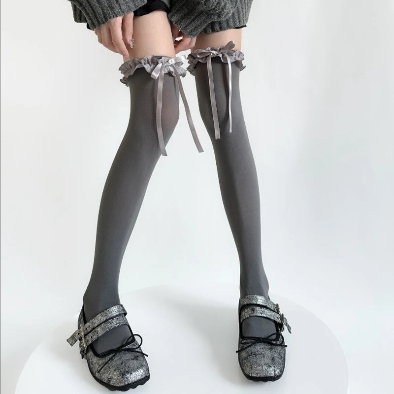 Lace Ruffle Long Sweet Lolita Lace Over The Knee Bowknot Hosiery Black White Women Socks Stockings