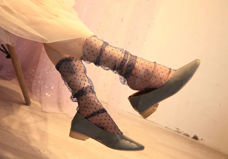 Sexy Dot Lace Transparent Mesh Ankle Ultra-Thin Princess Tulle Black White Grey Girls Women Socks
