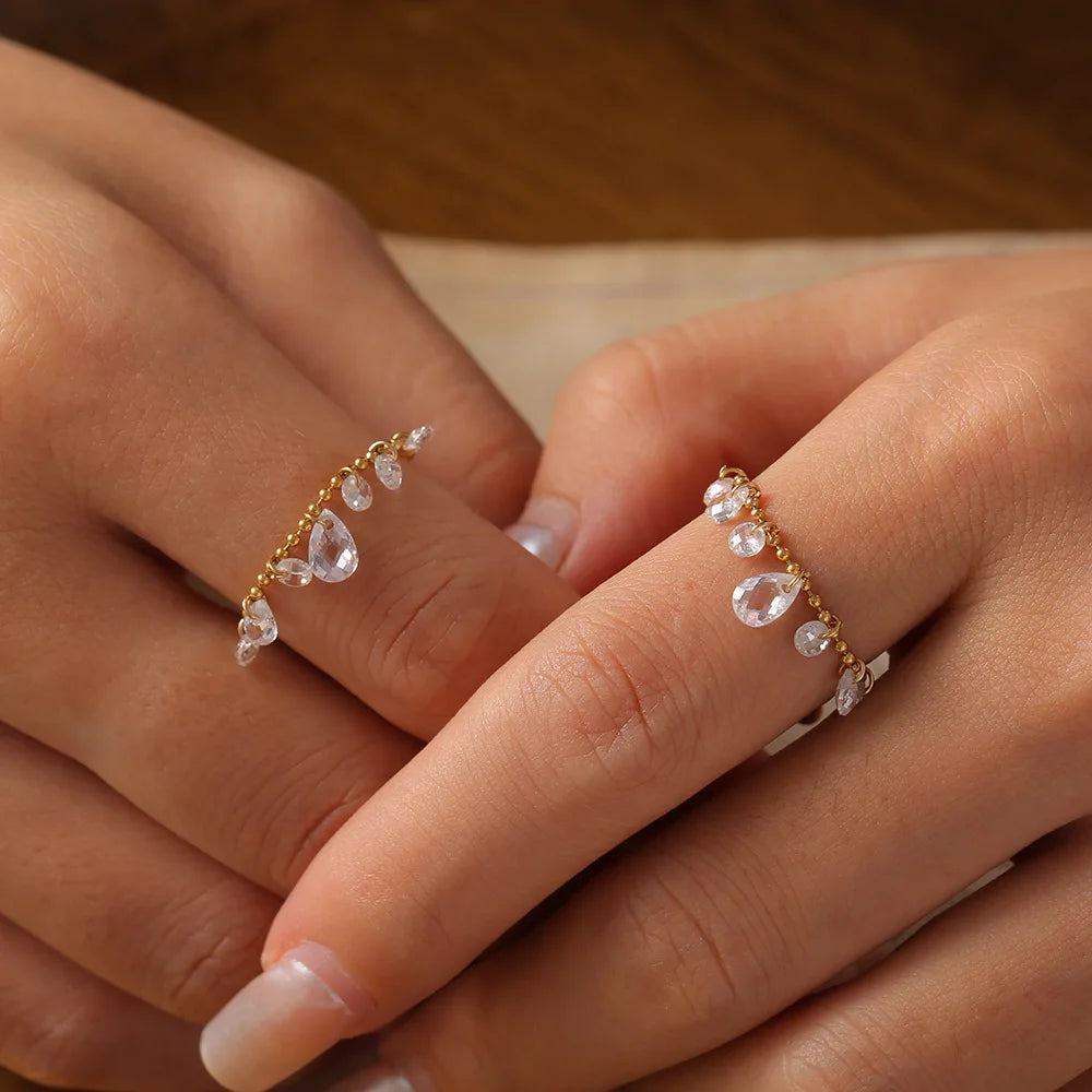White Crystal Tassel One Size Fits All Adjustable Wedding Daily Rings for Women Stainless Steel Waterproof Ring Charm Jewelry