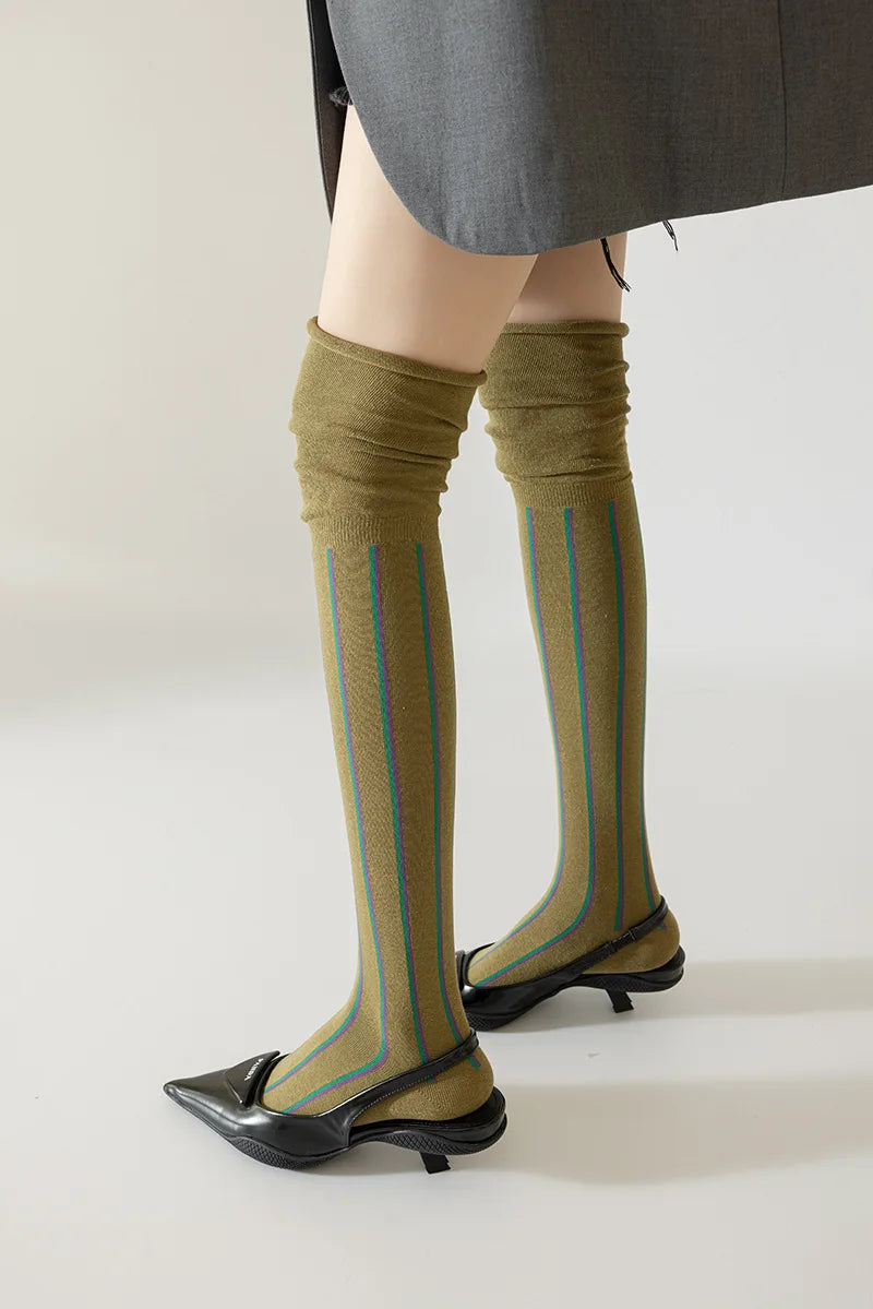 Autumn Fall Fashion Loose Mouth Vertical Stripe Stitching Slim Women Stockings Knee-high Piled Socks