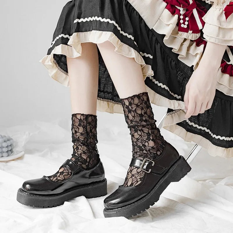 Retro Lace Floral Mesh Cute Thin Middle Tube Transparent Sweet Breathable Designer Girls Women Socks