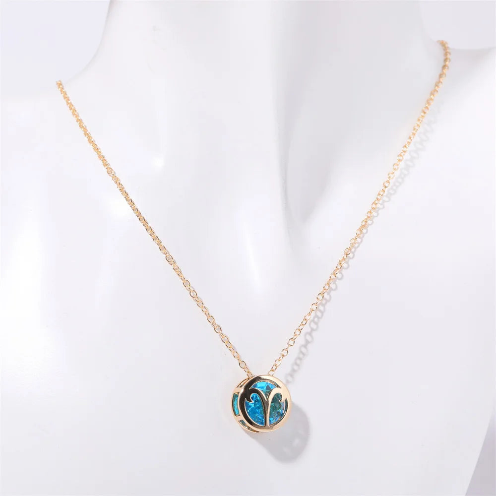 Hollow Carved 12 Constellations Symbol Pendant Trend Crystal Month Birthstone Women Necklaces Choker
