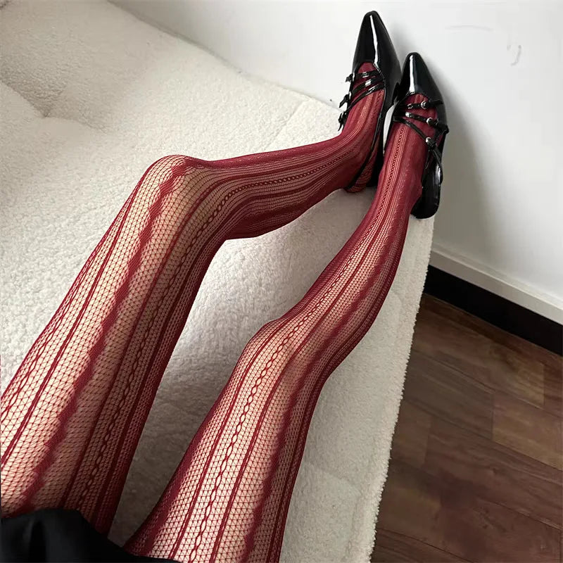 Sexy Stripes Lace Fishnet White Wine Red Gray Black Tights Thin Party Club Socks Pantyhose Stockings