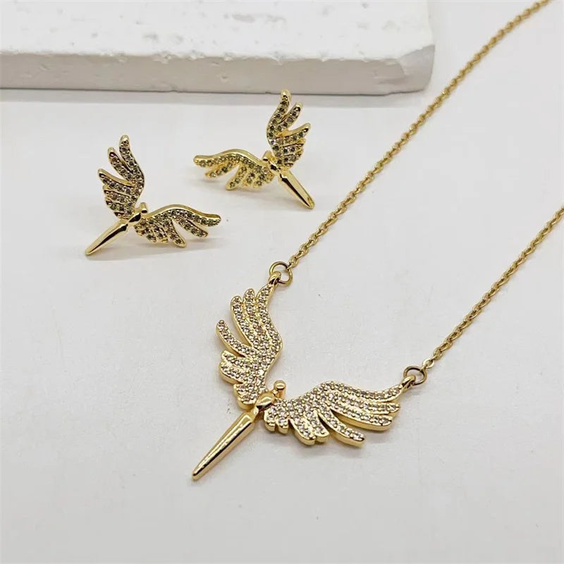 Fashionable Cute Micro-embellished Angel Wings Pendant Women Clavicle Necklace Earrings Jewelry Set