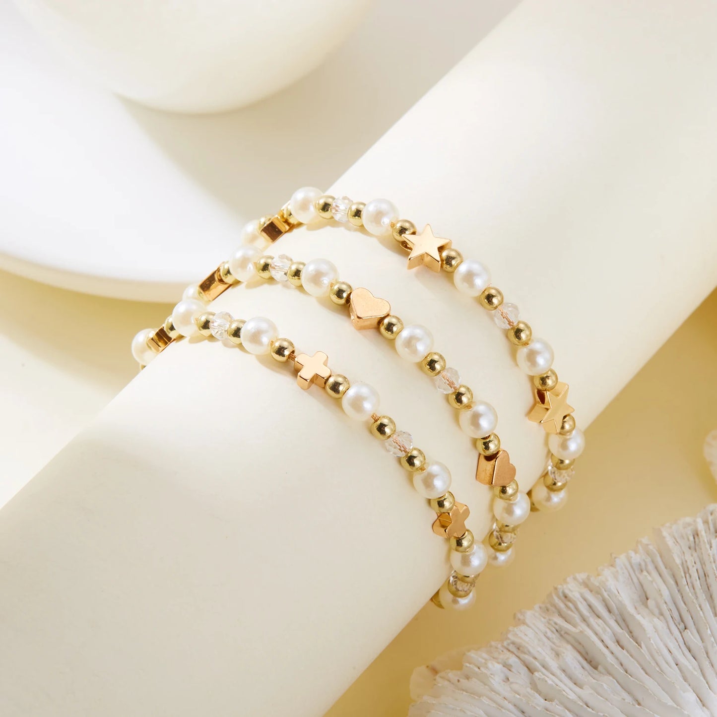 Classic Handmade White Beaded Cross Heart Star Fashion Simple Versatile Gold Women Bracelet Jewelry