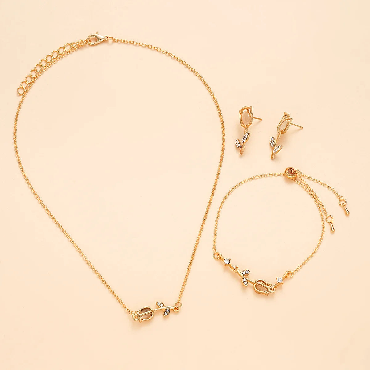New Fashion Tulip Flower Niche Design Jewelry Sets Gold Silver Women Bracelet Necklace Earrings Sets