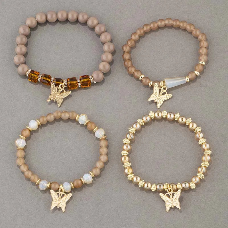 4pcs Trendy Butterfly Beaded Acrylic Beads Bohemian Elastic Chain Gold Women Bracelet Set Bangle Set