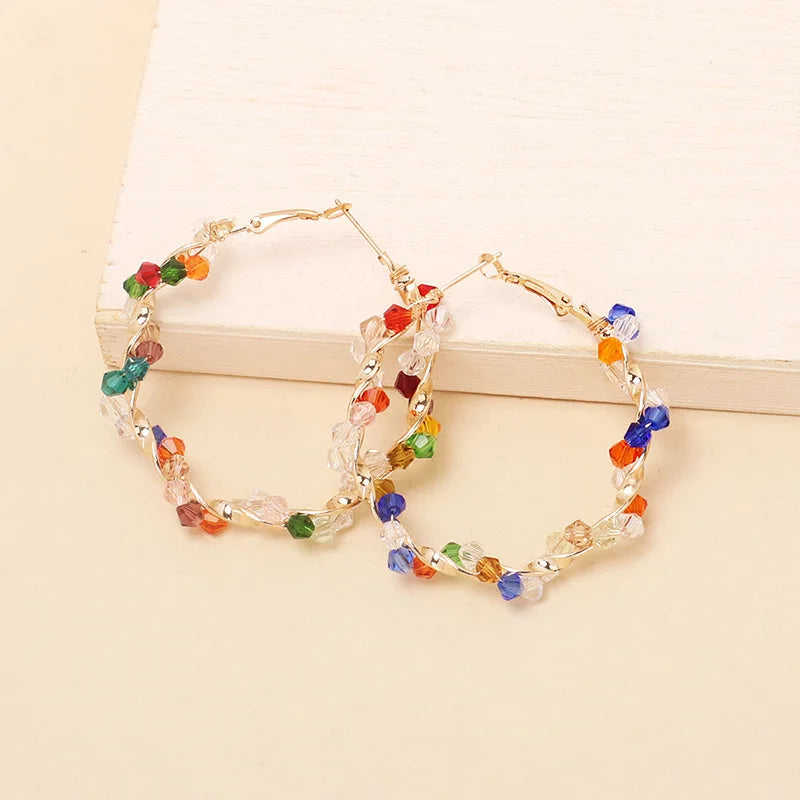 Bohemian Random Colorful Crystal New Fashion Big Round Circle Statement Gold Women Hoop Earrings