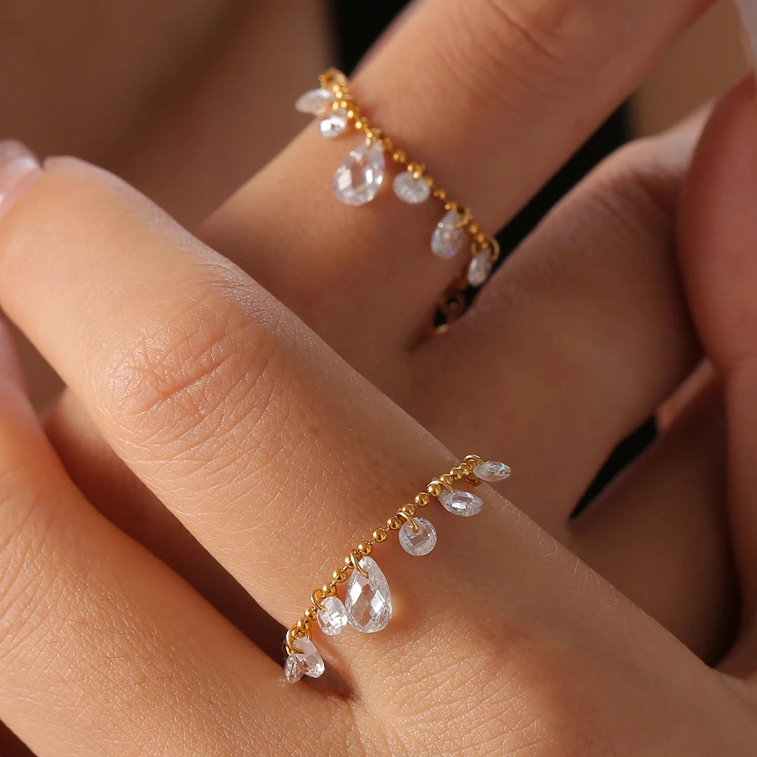 White Crystal Tassel One Size Fits All Adjustable Wedding Daily Rings for Women Stainless Steel Waterproof Ring Charm Jewelry
