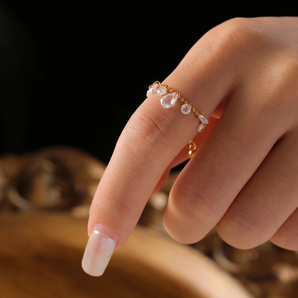 White Crystal Tassel One Size Fits All Adjustable Wedding Daily Rings for Women Stainless Steel Waterproof Ring Charm Jewelry