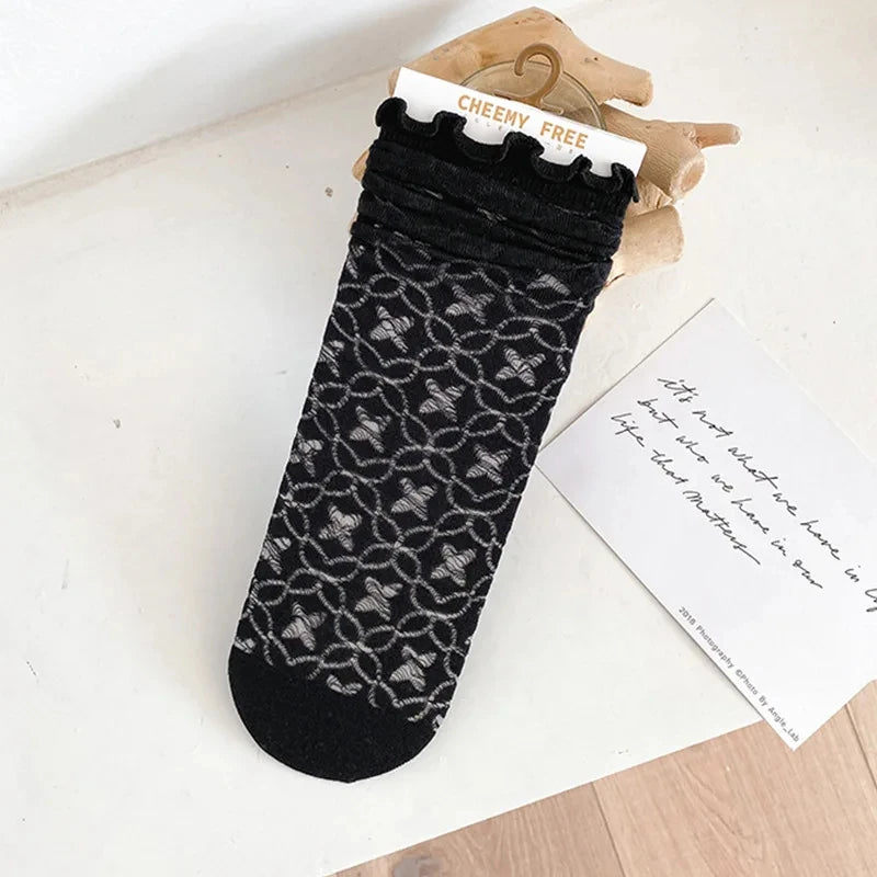 Fashion Cute New Retro White Black Lace Sweet Mesh Simple Casual Breathable Loose Girls Women Socks