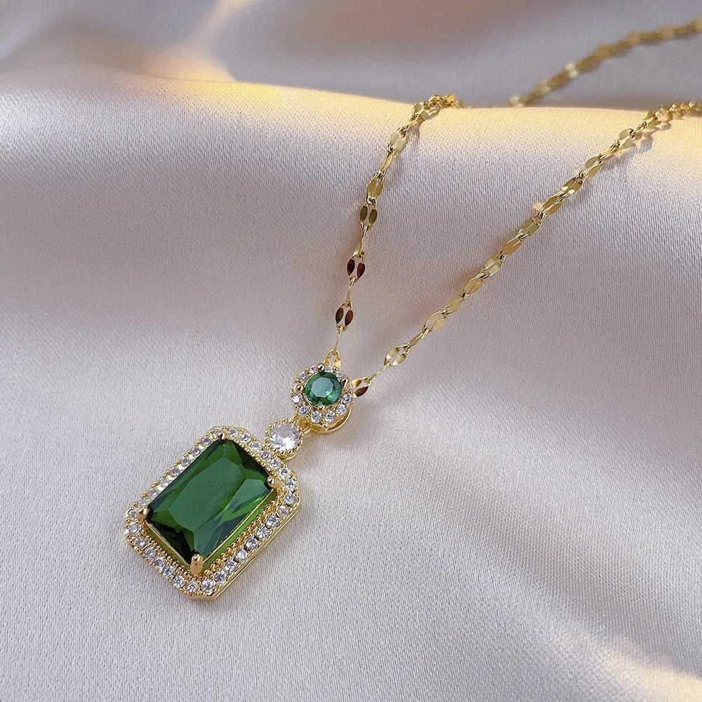 4PCS Sets Exquisite Quadrate Rhinestone Charm Gold Necklace Earrings Ring Jewelry Set Women Gifts