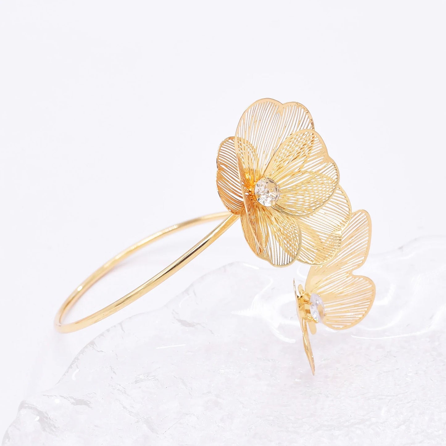 Hollow Crystal Flower Opening Arm Luxury Bridal Wedding Gold Silver Women Bracelet Bangle Jewelry