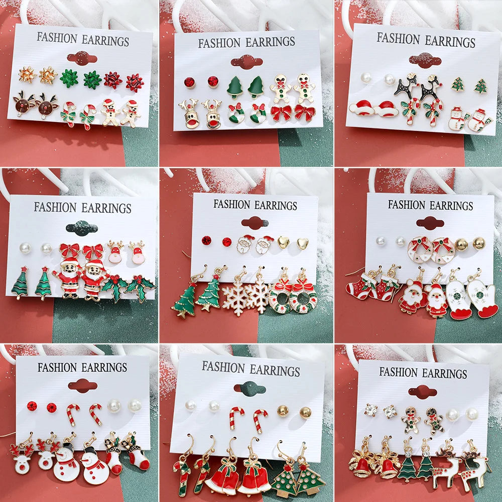 6 pairs Christmas Xmas Tree Elk Snowman Santa Claus Cute Stud Women Girls Kids Earrings Set Gifts