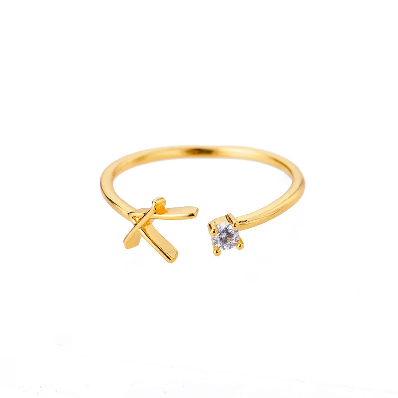 A-Z Initial Open Adjustable Wedding Trendy Crystal Zircon Gold Couple Women Rings Jewelry Gift