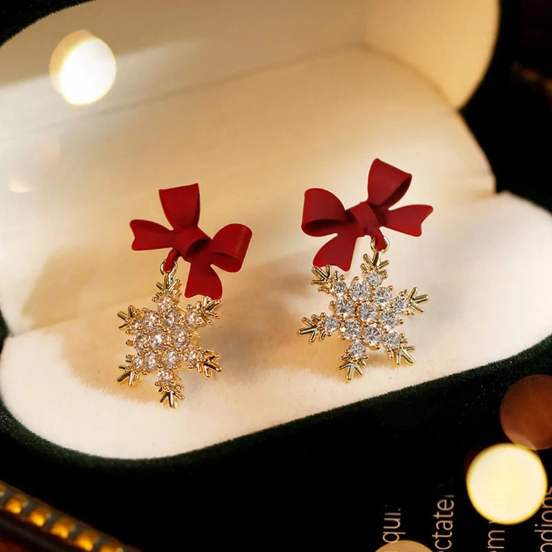 New Red Bow Knot Snowflake Christmas Santa Claus Snowman Drop Gold Silver Women Earring Jewelry Gift