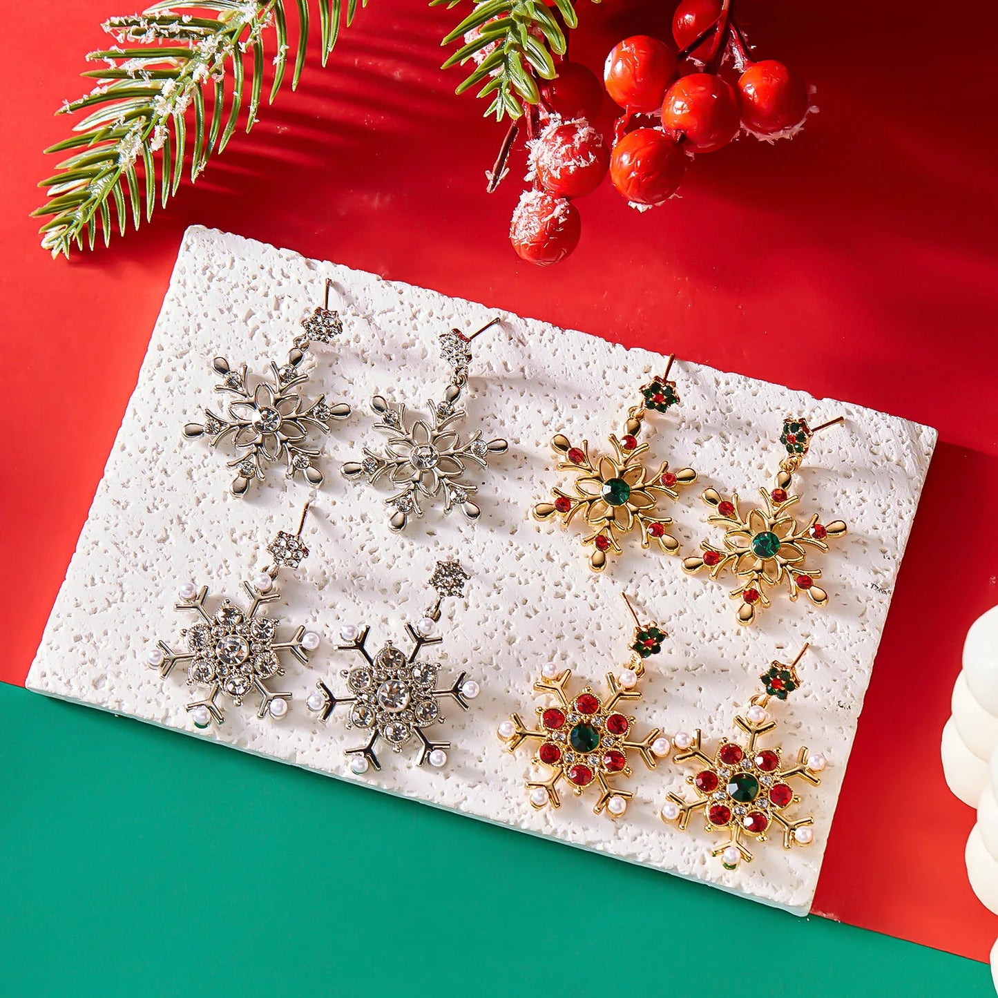 Christmas Snowflake Stud Crystal Zircon Pearl Dangle Piercing Gold Silver Women Earrings Gift