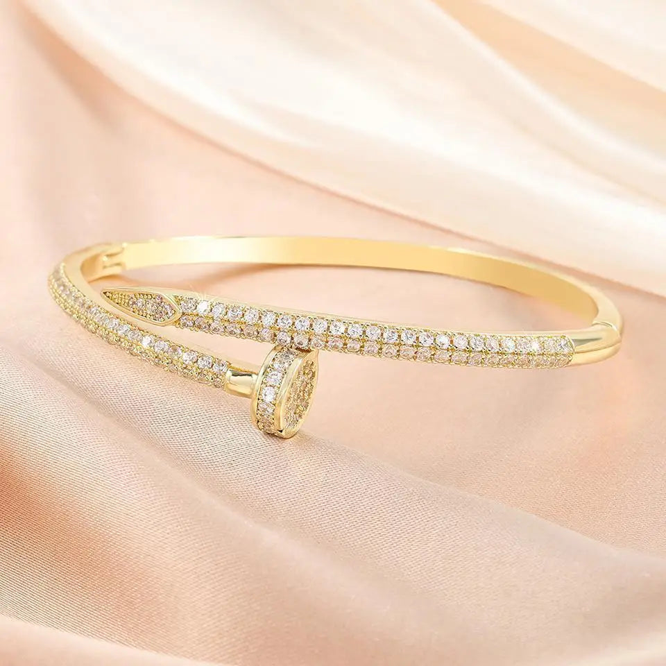 New Zircon Nail Open Fashion Crystal Inlaid Adjustable Silver Gold Women Bracelet Bangle Jewelry