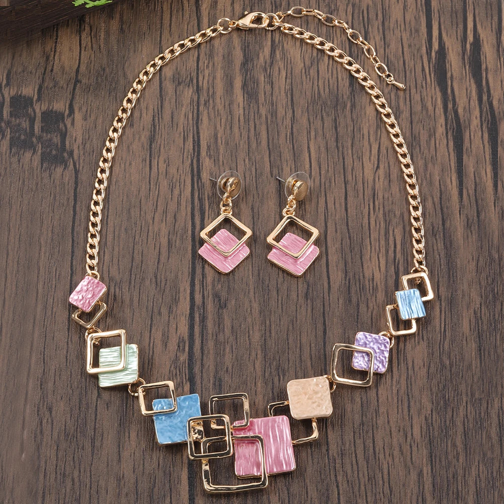 Fashion Simple Drip Oil Geometric Trendy Daily Party Necklace Earrings Gold Silver Women Jewelry Set