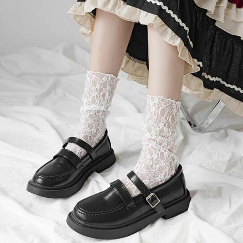 Retro Lace Floral Mesh Cute Thin Middle Tube Transparent Sweet Breathable Designer Girls Women Socks