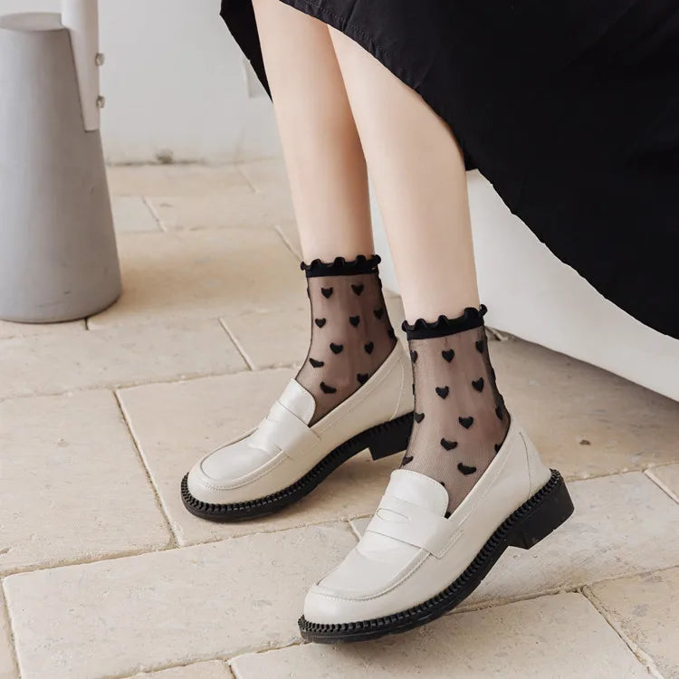Summer Thin French Lace Ruffles Love Glass Fiber Heart Transparent Sheer Mesh Sweet Girl Women Socks