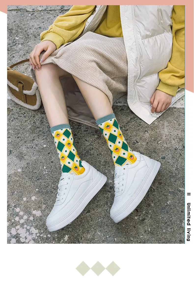 Designer Fashion Flowers Print Cute Breathable Korean Style Streetwear Winter Fall Women Long Socks