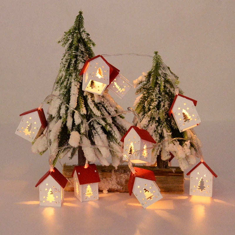 Christmas Wooden House LED String Light Xmas Tree Hanging Ornament Home Decoration New Year Gift