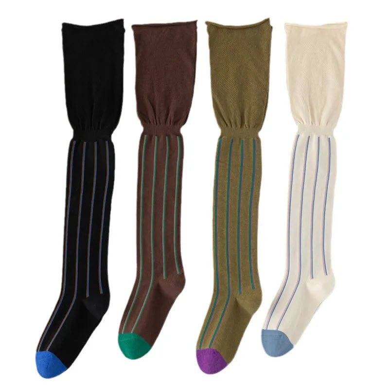 Autumn Fall Fashion Loose Mouth Vertical Stripe Stitching Slim Women Stockings Knee-high Piled Socks